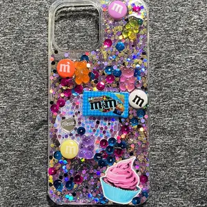 iPhone 13 Plus Resin Case with Glitter M&M's Design and Cupcake Motif for Stylish Protection