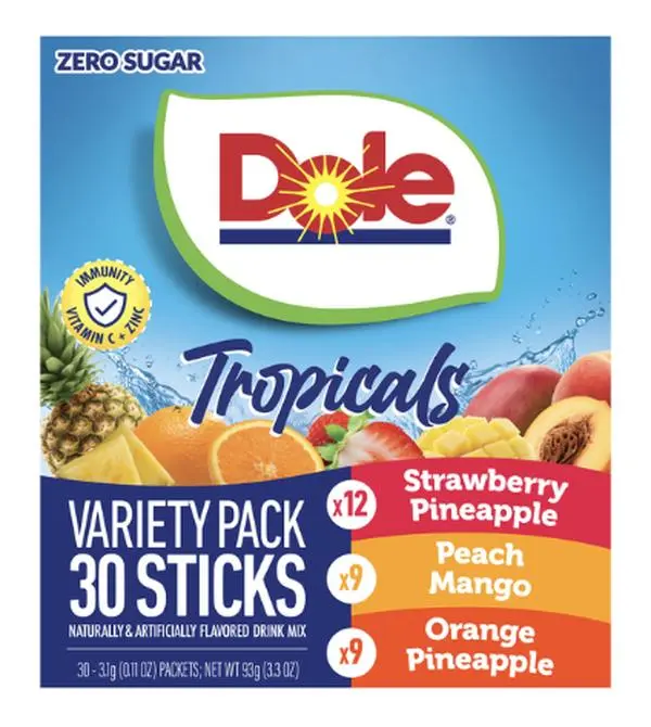 Dole Sugar-Free Fruit Hydration Powder Drink Mix Variety Pack - Single Serve Sticks, Pineapple, Strawberry Pineapple, Peach Flavors, Vitamin-Infused, 30 Ct