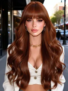 Elegant Auburn Curly Wig with Bangs, Heat Resistant Synthetic Fiber, 26 Inch Fashionable Women's Wig for Daily Wear and Parties, Synthetic Curly Hair, Synthetic Curly Wigs