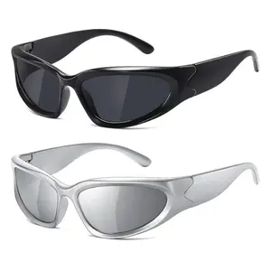 Y2K Wrap-Around Sunglasses for Men Women, Futuristic Silver Frame, UV400 Protection, Cyberpunk Style Shades for Raves, Festivals & Streetwear