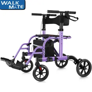 WALK MATE 2 in 1 Rollator Walker Transport Chair for Seniors, 10” Wheels Medical Rollator for Seniors with Widen Seat Backrest, Detachable & Adjustable Footrests Folding Walker Wheelchair Combo, purple