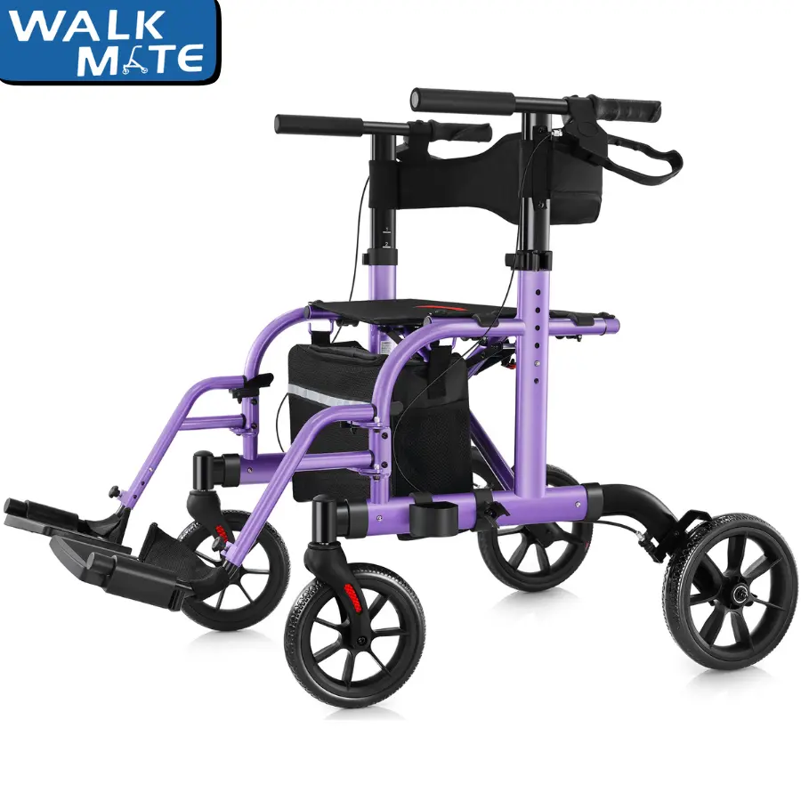 WALK MATE 2 In 1 Foldable Portable Reversible Rollator Walker Transport Chair for Seniors, 10in Wheels, Dual-Brakes System, Widen Seat Backrest, Detachable Adjustable Non-Slip Footrests, Storage, Purple, 10 Inches Rear Wheels