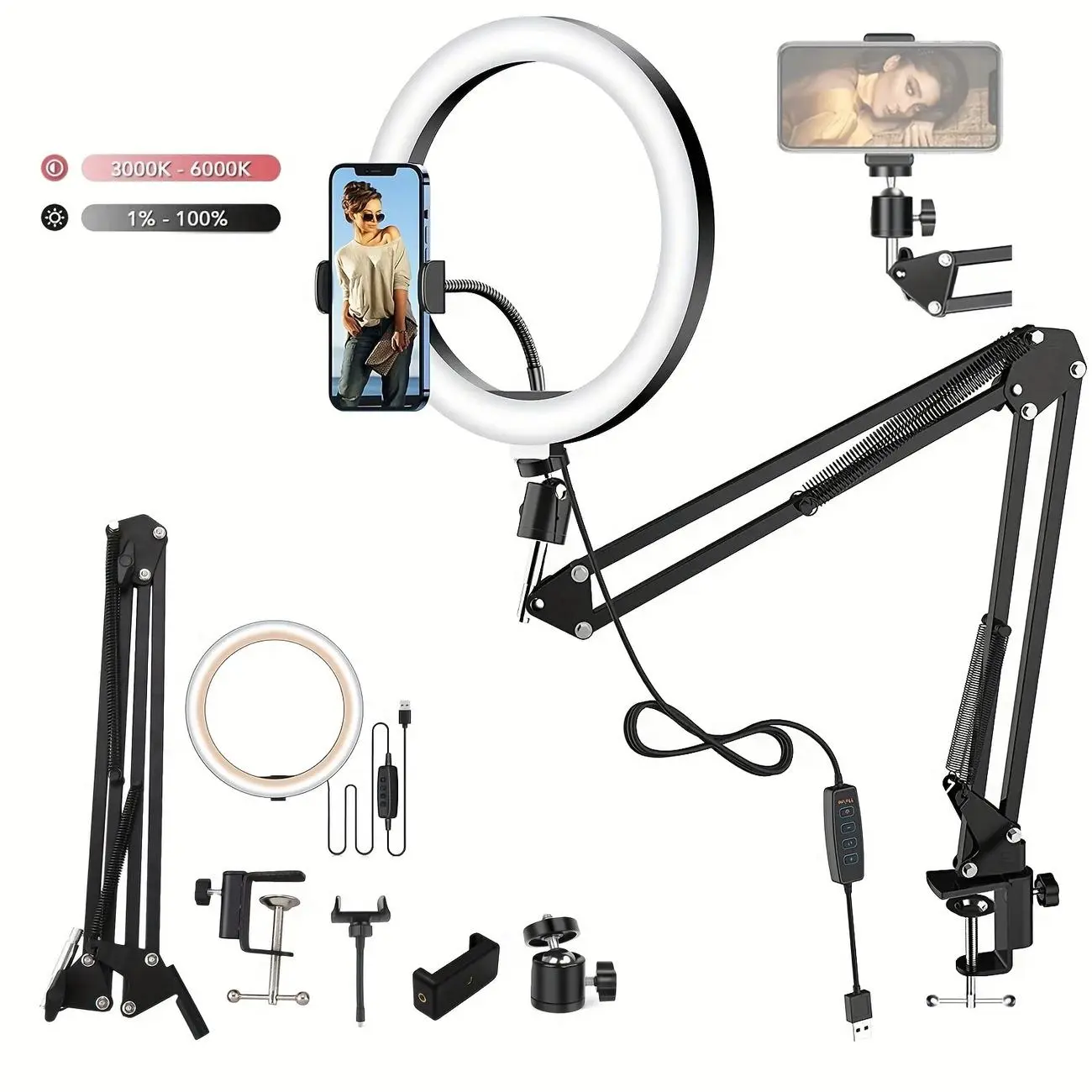 LED Ring Light with Phone Holder - Dimmable USB-Powered Smartphone Selfie Light with Adjustable Stainless Steel Folding Arm Stand, 3 Light Modes, 10-100% Brightness for Streaming, Photography, Video Recording
