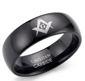 Black Ion Plated Tungsten Carbide Masonic Statement Ring - 8mm Width, Domed Profile, Strong, Rust-Resistant, Tarnish-Resistant, Hypoallergenic, Scratchproof, Durable Jewelry Accessory