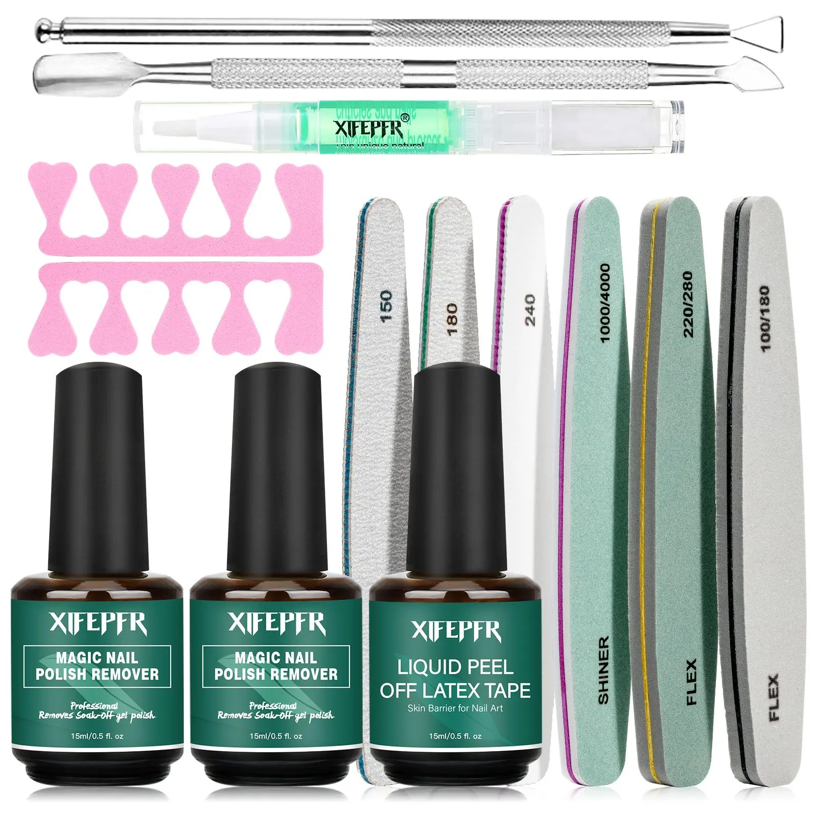 Xifepfr Magic Gel Nail Polish Remover Kit, 2-Pack for Quick No-Soak Removal with Liquid Latex, Buffer, File & Cuticle Tool, Nail Care for Women, Gel Remover For Nails