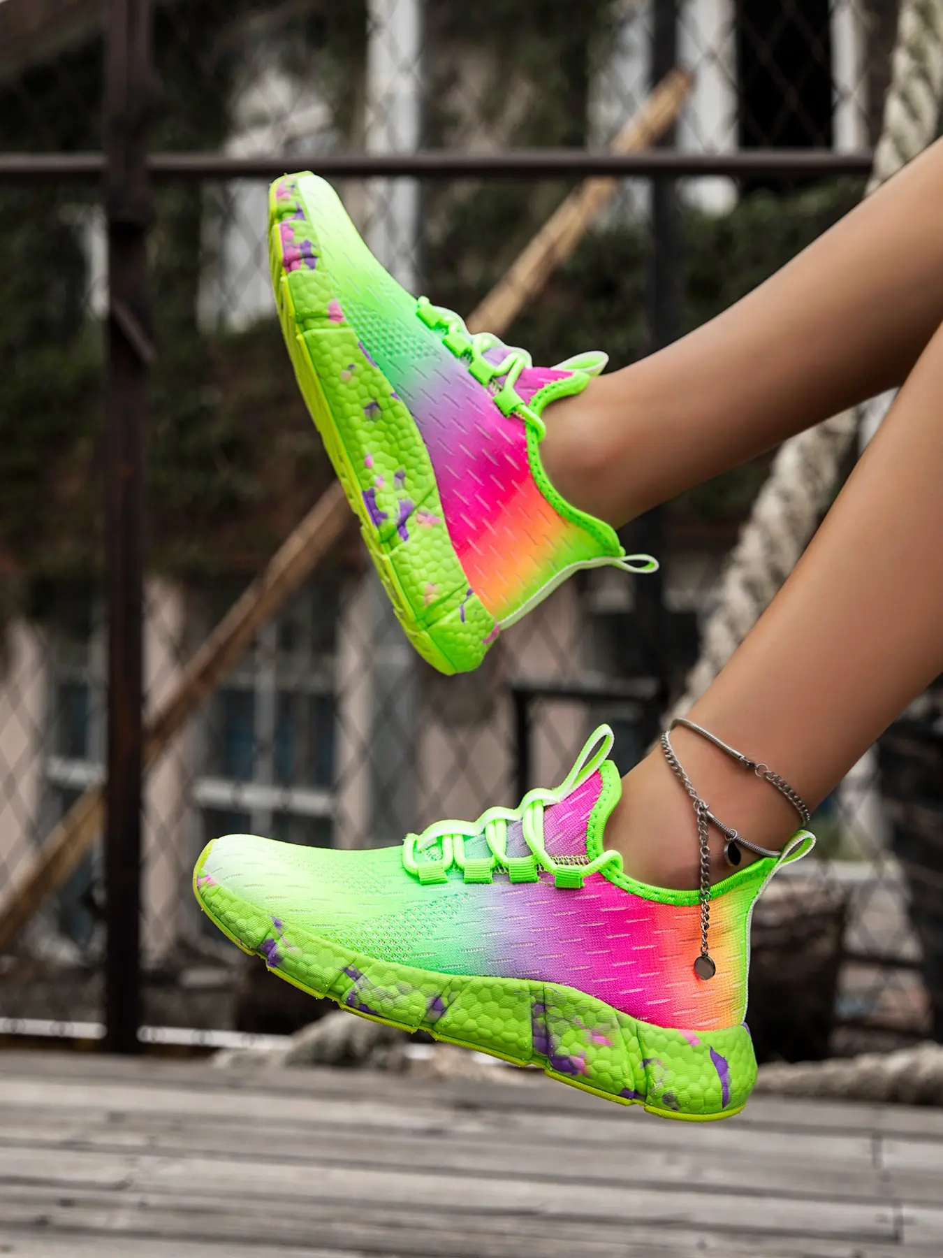 Women's Fluorescent Gradient Mesh Running Shoes, Sporty Running Shoes, Trendy Running Shoes, Breathable Flyknit Sneakers, Workout Sneakers, Athletic Running Shoes, Soft Sole, All-Season Fashion Footwear