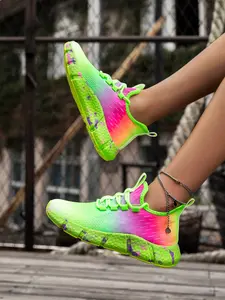 Women's Fluorescent Gradient Mesh Running Shoes, Sporty Running Shoes, Breathable Flyknit Sneakers, Workout Sneakers, Athletic Running Shoes, Soft Sole, All-Season Fashion Footwear