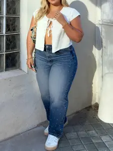 Plus Size Rhinestone Decorated Fashion Elegance Wide Leg High Rise Denim Jeans High Elastic Washed High Waist Long Pants for Women Casual Fit All Season Wear