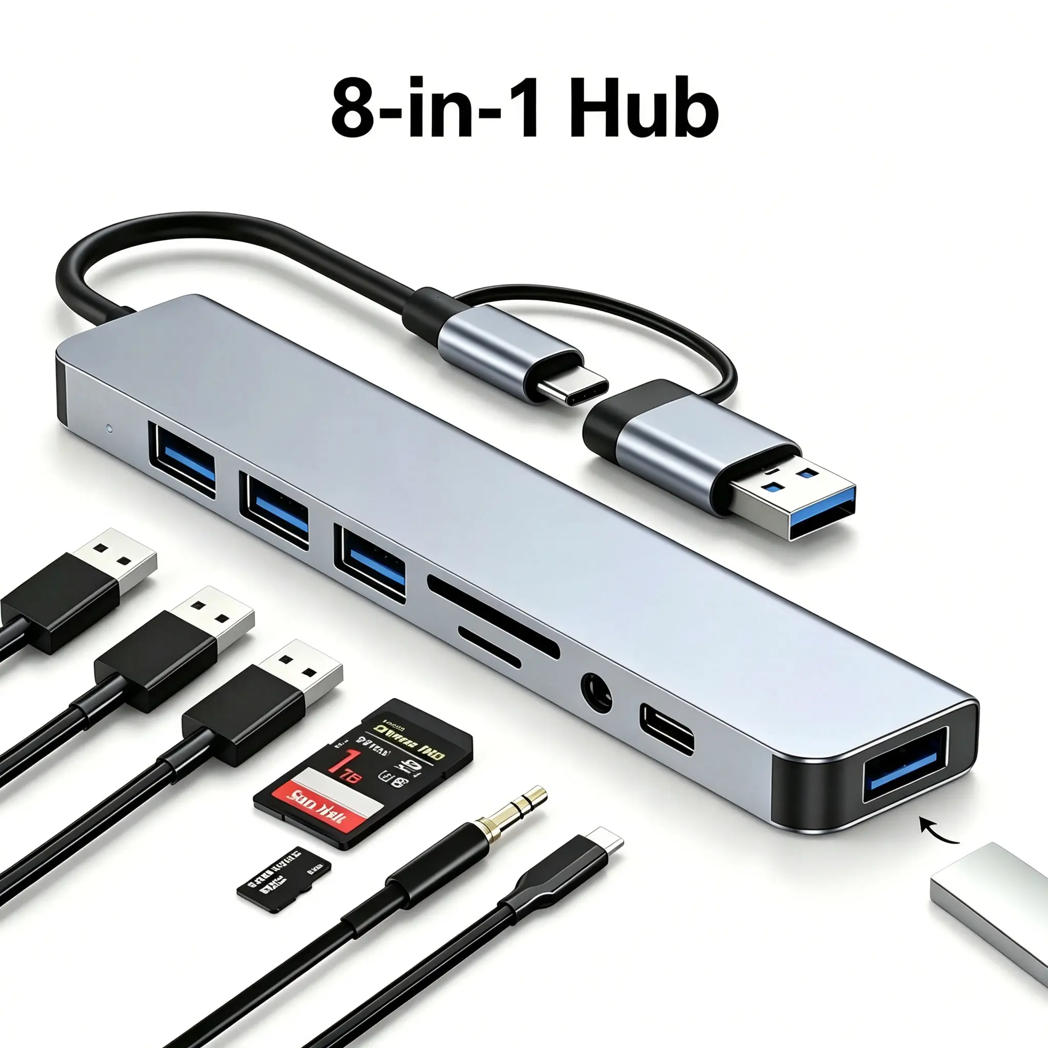 USB-C 8-Port Hub Expander with 4 USB 3.0 Ports 1 USB-C Jack TF/SD Card Reader 3.5mm Audio Output for iPhone 15 16 17 iPad Pro Laptop Galaxy Phones High-Speed Data Transfer