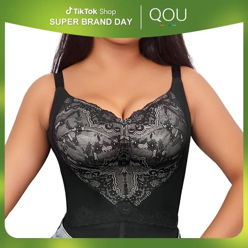 QOU Women's Push Up Sexy Floral Lace Wireless Bra V-Neck Tummy Control Corset Shapewear Everyday Minimizer Bra for Summer Vneck Womenswear Basic Minimalist push bra minimizer bra strapless bra brasieres tiktok shop plus size Scallop Trim Bra