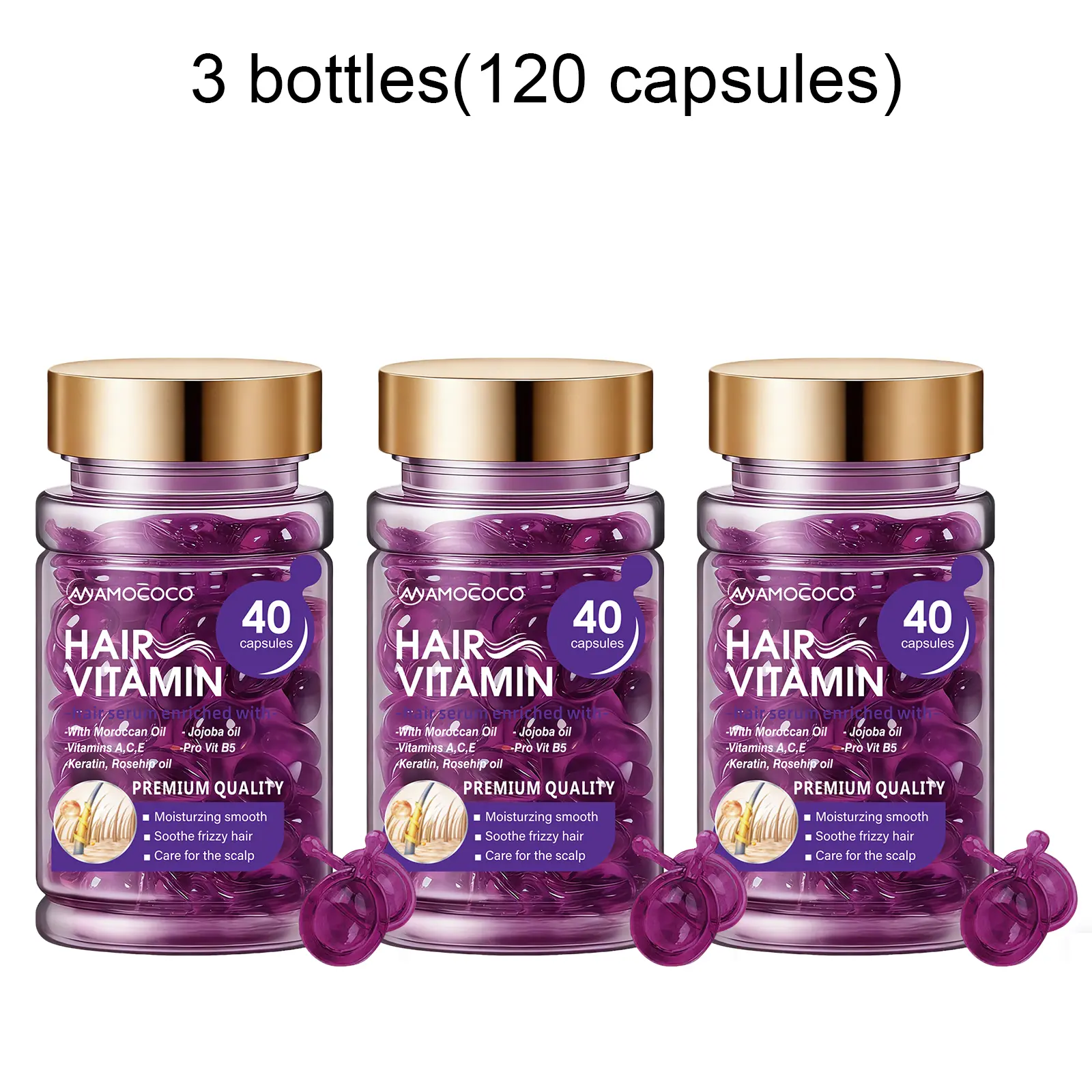 Buy 1, get 2 free! Vitamin Hair Capsules – infused with rosehip oil and argan oil to nourish hair. No-rinse, for dry or wet use. Leaves hair soft, shiny, and elastic. Carry one daily for on-the-go nourishment.