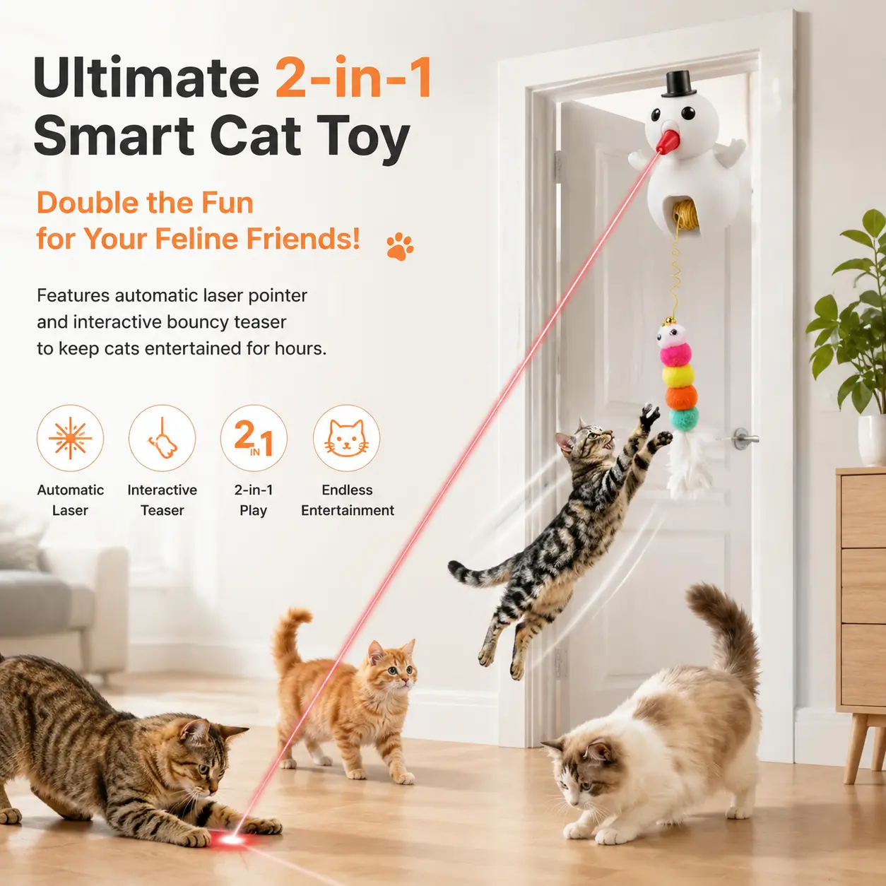Indoor Cat Interactive Laser-Wand Snowman Toy - Laser Pointer, Auto Motion, Built-in Rechargeable Battery, Eco-Friendly USB Charging, Overdoor Hook, Rainbow Worm & Mouse Feathered Attachments for Hands-Free Convenience, Mental Stimulation, Dual-Action Fun
