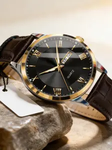 Men's Business Quartz Watch, Crocodile Strap, Dial Roman Numerals, Day Calendar Dual Display, Classic Style