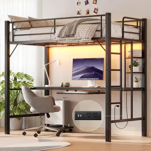 Gizoon Loft Bed Twin Size with Desk & LED Lights Heavy Duty Metal Frame Storage Shelves No Box Spring Needed Brown lead rgb light
