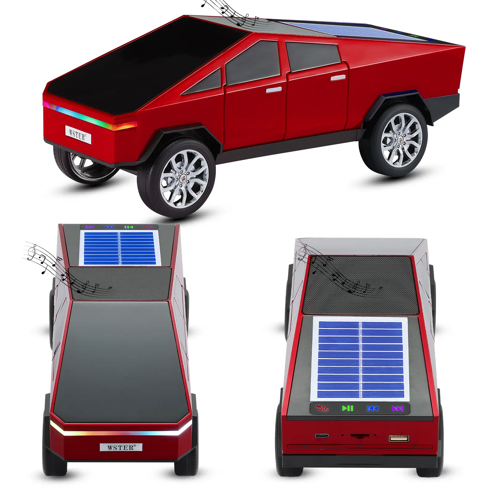 WSTER WS-699 Cybertruck Style Portable Bluetooth Speaker Solar Charging TWS Pairing FM Radio USB Micro SD AUX for Indoor Outdoor Use Party Birthday Gift