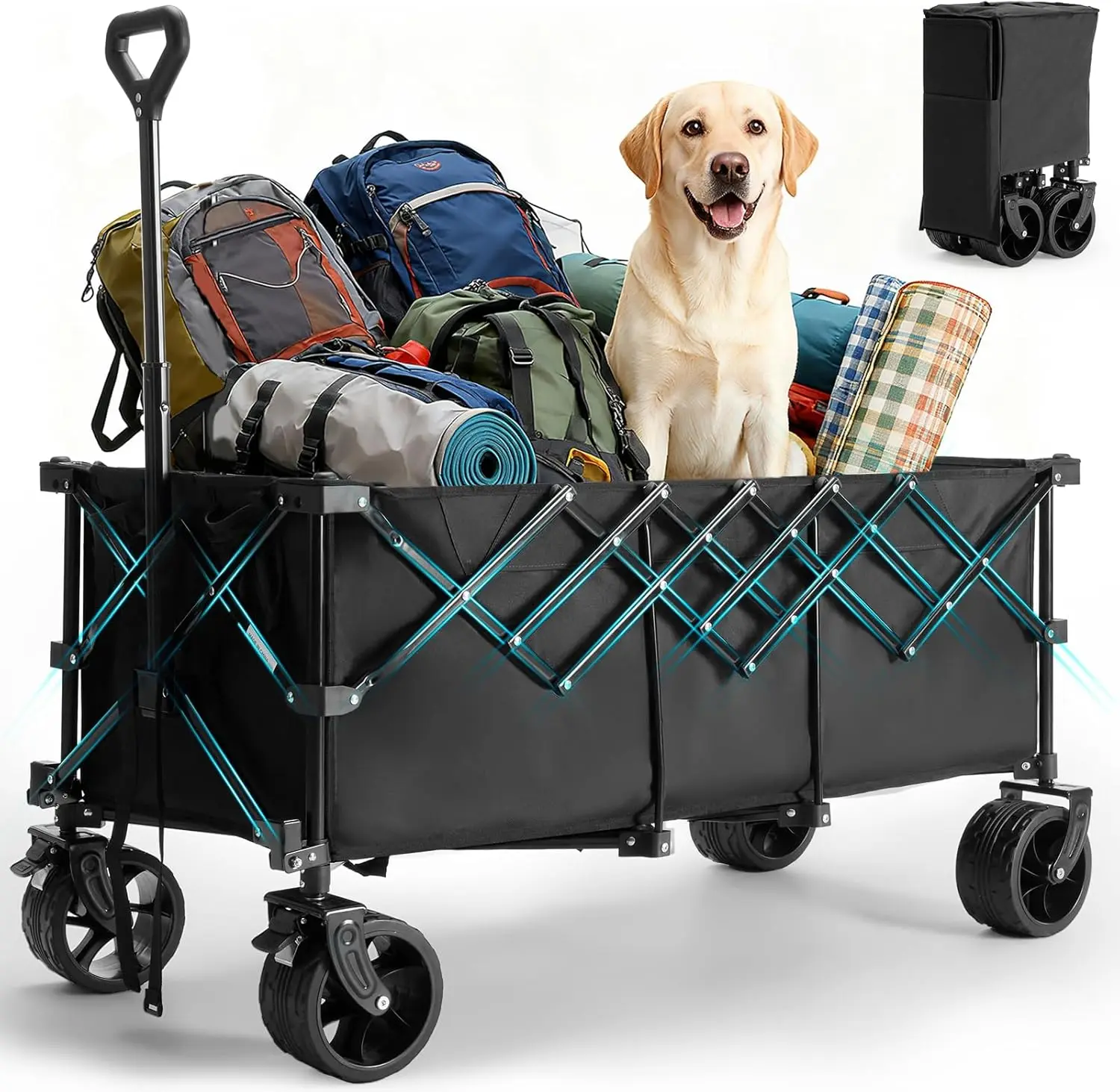 Heavy Duty Collapsible Beach Wagon Cart - Outdoor Trolley Storage Cart with Steel Frame, 300L Capacity, 180kg Load, 7-in Wheels, 600D Oxford Fabric, Cup Holders, Storage Bag for Camping, Gardening (Black, Blue, Gray)