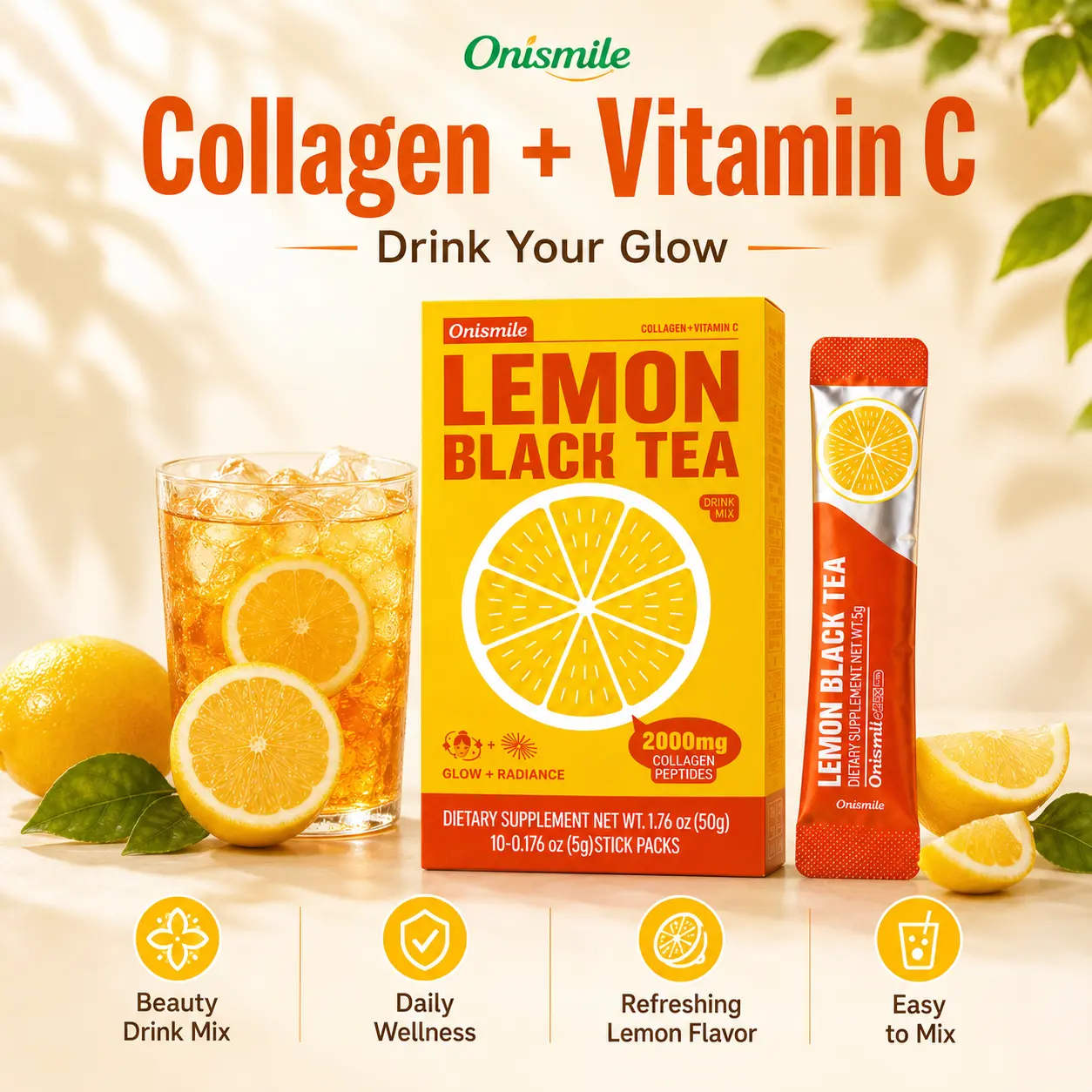 Onismile Lemon Black Tea Drink Mix with Collagen Peptides & Vitamin C, Zero Sugar, 10 Stick Packets Beauty Dietary