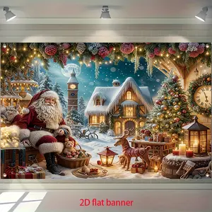 2D Flat, 1pc Festive Christmas Banner - Durable Polyester, Santa Claus & Gingerbread House Scene with Snowy Village, Christmas Tree, and Holiday Decorations, Ideal for New Year'S Winter Celebrations, Indoor/Outdoor Party Decor, Christmas Decorations