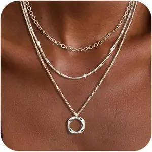 Layered silver necklaces for women, sterling silver stack choker necklaces for women trendy layering circle pendant chain necklace set jewelry for women Cubanchain moissanite chain