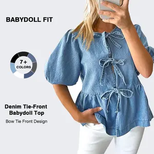 【New】Tankaneo Denim Baby doll Top with Puff Sleeves & Bow Tie Front Blouse for Women Casual Summer cowgirlstyle country concert outfits