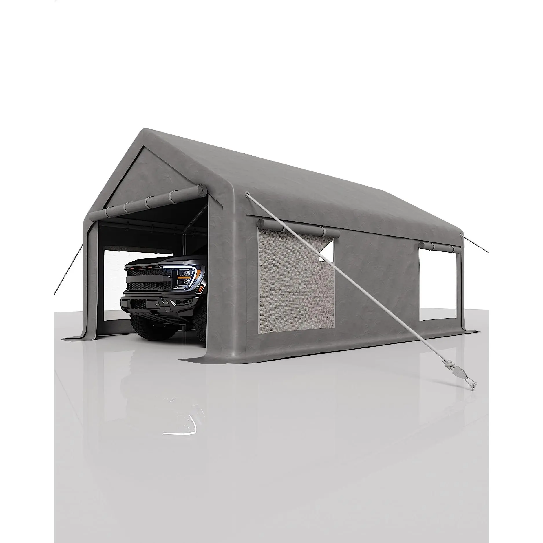 Heavy-Duty 12x20 FT Portable Carport Garage, 200g PE Waterproof Tarp Canopy with 2 Roll-Up Doors and 4 Side Windows, All-Weather Outdoor Storage Shelter in Khaki Gray White, Perfect for Pickups, SUVs, Boats and Outdoor Event Use