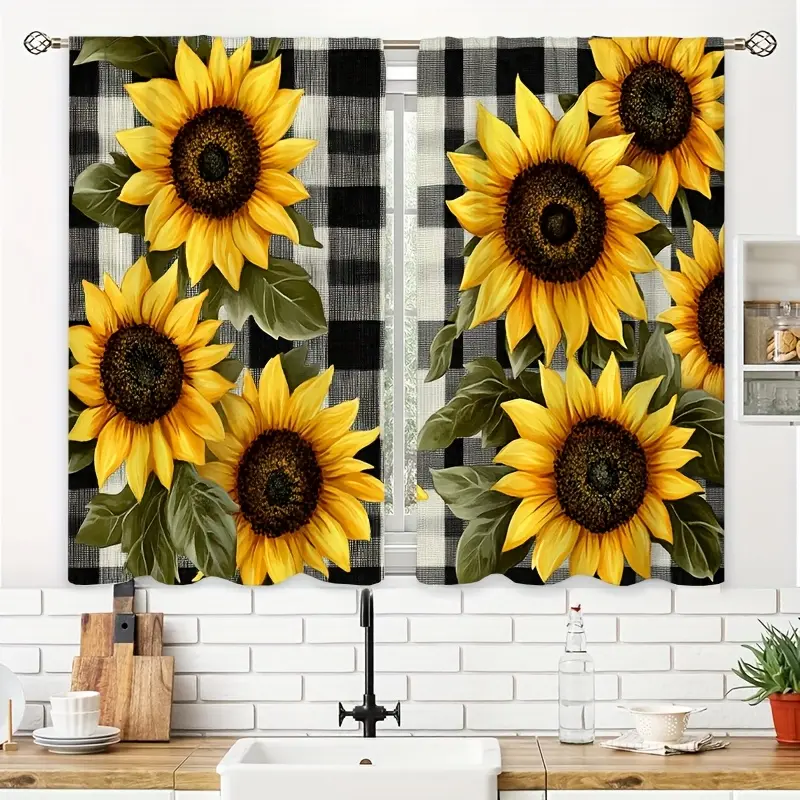 2pcs Rod Pocket Tier Curtains - Black & White Gingham Vintage Floral Yellow Colorful Print, 39.9x27.5in LW429C1L68, for Kitchen & Bathroom Home Textile Decor, Yellow Curtains, Colorful Curtains