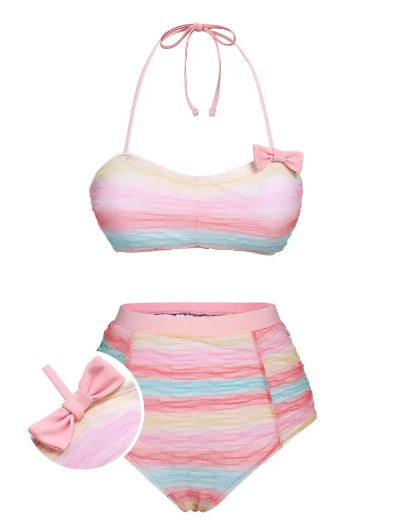 RETRO STAGE Women's 1960s Bright Rainbow 2-Piece Mesh Bow High-Waist Bikini Set - Polyester Blend Wireless Bandeau Bra Top with Removable Pads, Bathing Suit Women Setvacation swimwear for women cute summer outfits Beach