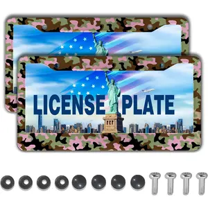 2 Pack Multicolor Pink Camouflage Camo Aluminum Metal License Plate Frames Set with Screw Covers License Plate Protector Car Accessory