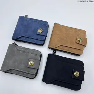 Men's PU Leather Slim Vintage Buckle Bifold Wallets - Short Zip Closure Durable Billfold, Ideal for Business and Casual Use, Multi-Color Options