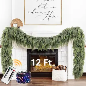Cedar Christmas Garland with Lights for Mantle - Decorations 12ft Realistic Lighted Faux Pine Garlands for Xmas Home Decoration Indoor Stairs Railing Fireplace Outdoor 12 ft Prelit Garland Door Decor