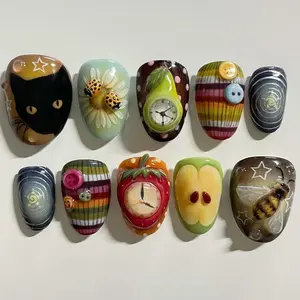 10 Pcs 3D Cartoon Medium Almond Shape Nails, Cute Cat Bee Ladybug Fruit Clock Design, Glossy High Gloss Finish Fake Nails for All Women, Party Daily Wear Versatile Use, Nail Art Decoration