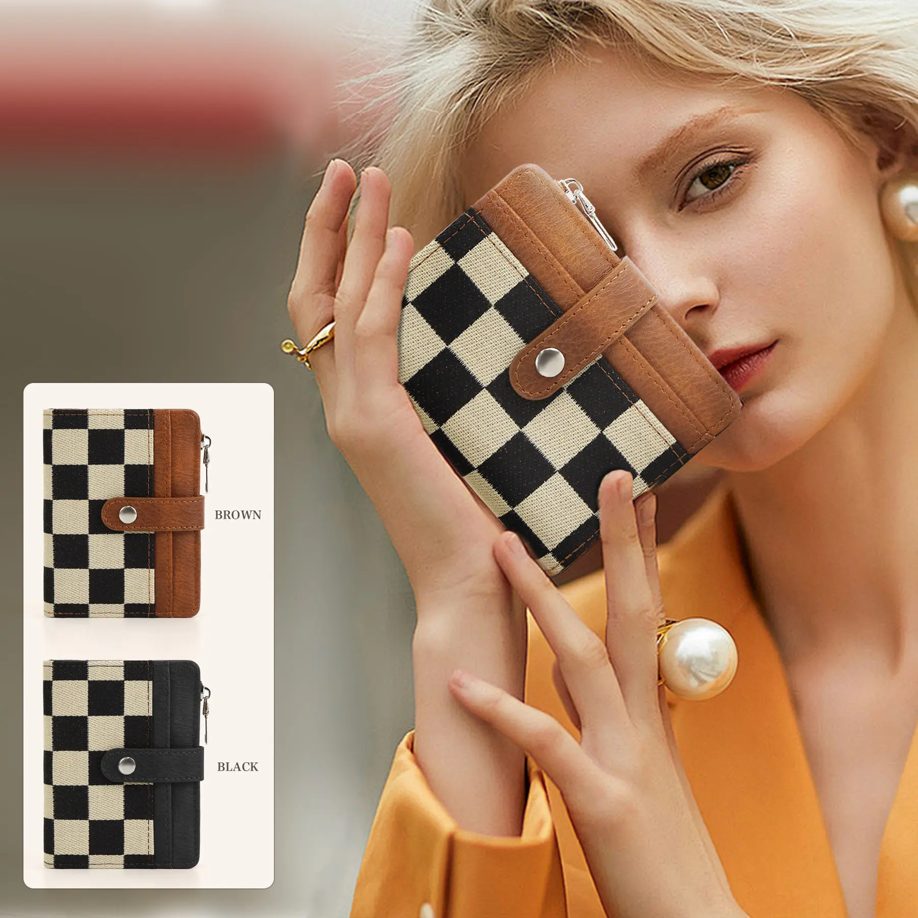Women's 2026 Retro-Chic Plaid Checkered Pattern PU Leather Mini Wallet - Credit Card Organizer, Card Slots, Snap Button, Zippered Coin Pocket, Home Organization Accessory, Mini Gifts