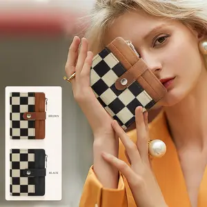 Women's 2026 Retro-Chic Checkered PU Leather Mini Wallet, Credit Card Organizer with Card Slots, Snap Button, Zippered Coin Pocket – Graduation Gift for Home Organization
