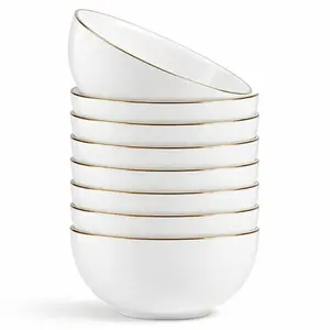 6pcs Luxury Ceramic Gold Rim Soup Bowl 4.5inch Elegant White Ceramic Serving Bowl Premium Fine Porcelain Dinnerware Classic Modern Minimalist Style Deep Bowl for Soup Pasta Salad High End Tableware for Dining Home Kitchen