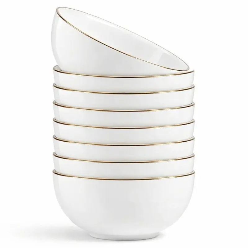 6pcs Luxury Ceramic Gold Rim Soup Bowl 4.5inch Elegant White Ceramic Serving Bowl Premium Fine Porcelain Dinnerware Classic Modern Minimalist Style Deep Bowl for Soup Pasta Salad High End Tableware for Dining Home Kitchen