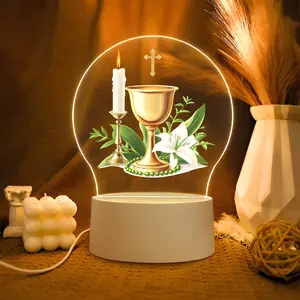 Decorative LED Night Light for First Communion Ceremony, Acrylic Design with Chalice, Lily, Cross, Candle, Bible Symbols, Flower Lamp, Ideal Christian Church Memorial Gift