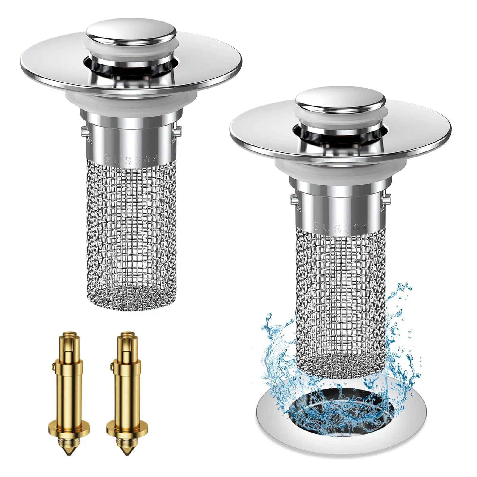 Stainless Steel Pop Up Drain Strainer Sieve and Colander, Anti-Clog Mesh Grid Filter Basket for Sink/Bathtub Floor Drain Replacement to Catch Debris & Prevent Water Blockages, Smooth, Shiny