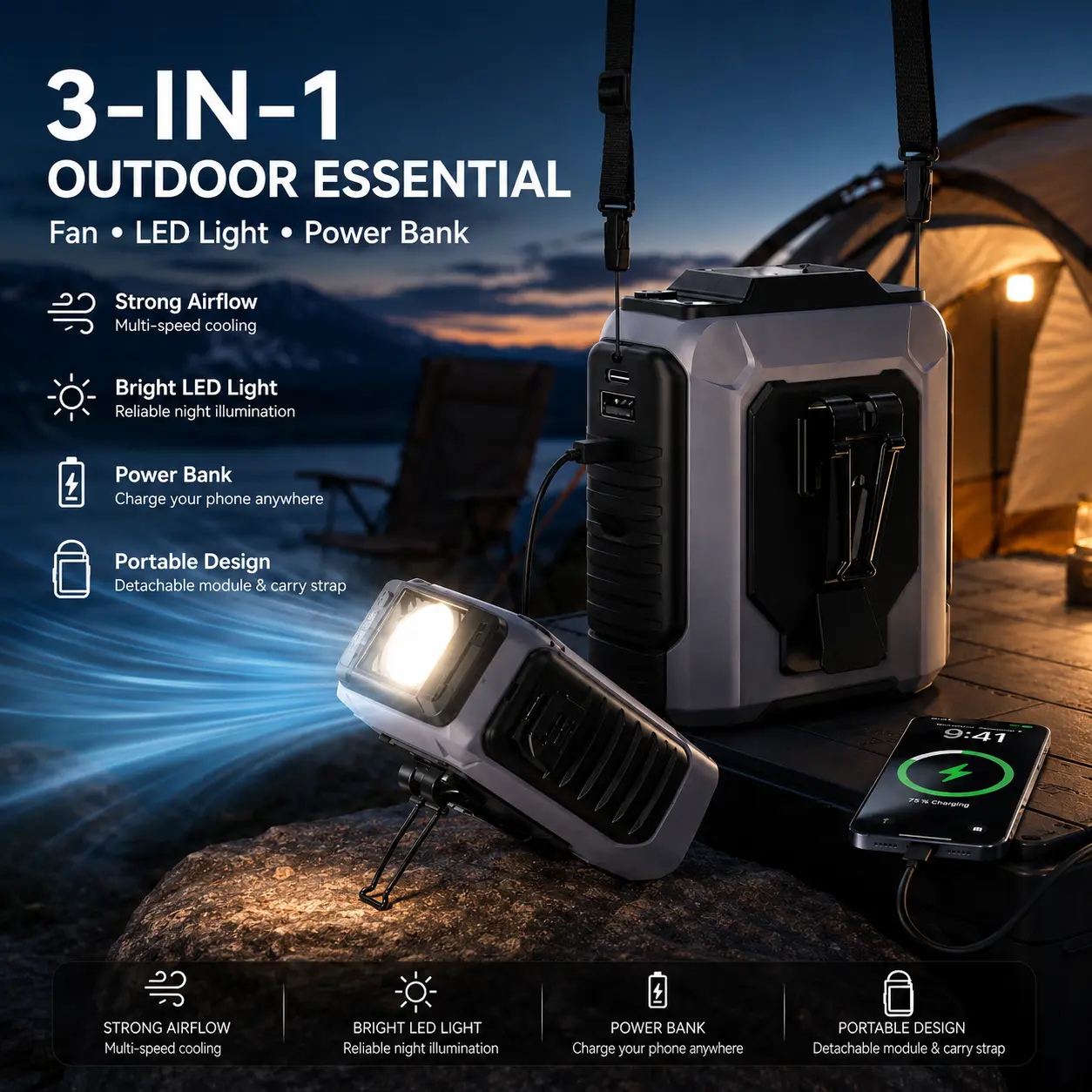3-in-1 Portable Camping Fan with LED Light & Power Bank, Rechargeable Outdoor Fan for Tent, Travel & Emergency Use