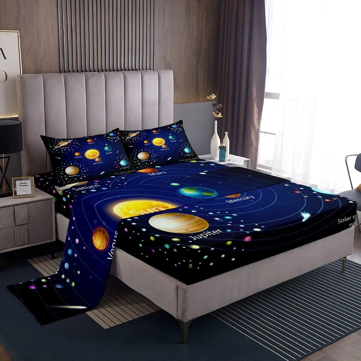 Kids Outer Space Bed Sheets Starry Sky Galaxy Sheet Set Planet Space Sheets Set + Deep Pocket Fitted Sheets+ Solar System Flat Sheet + Cosmos Decor,,Blue Purple