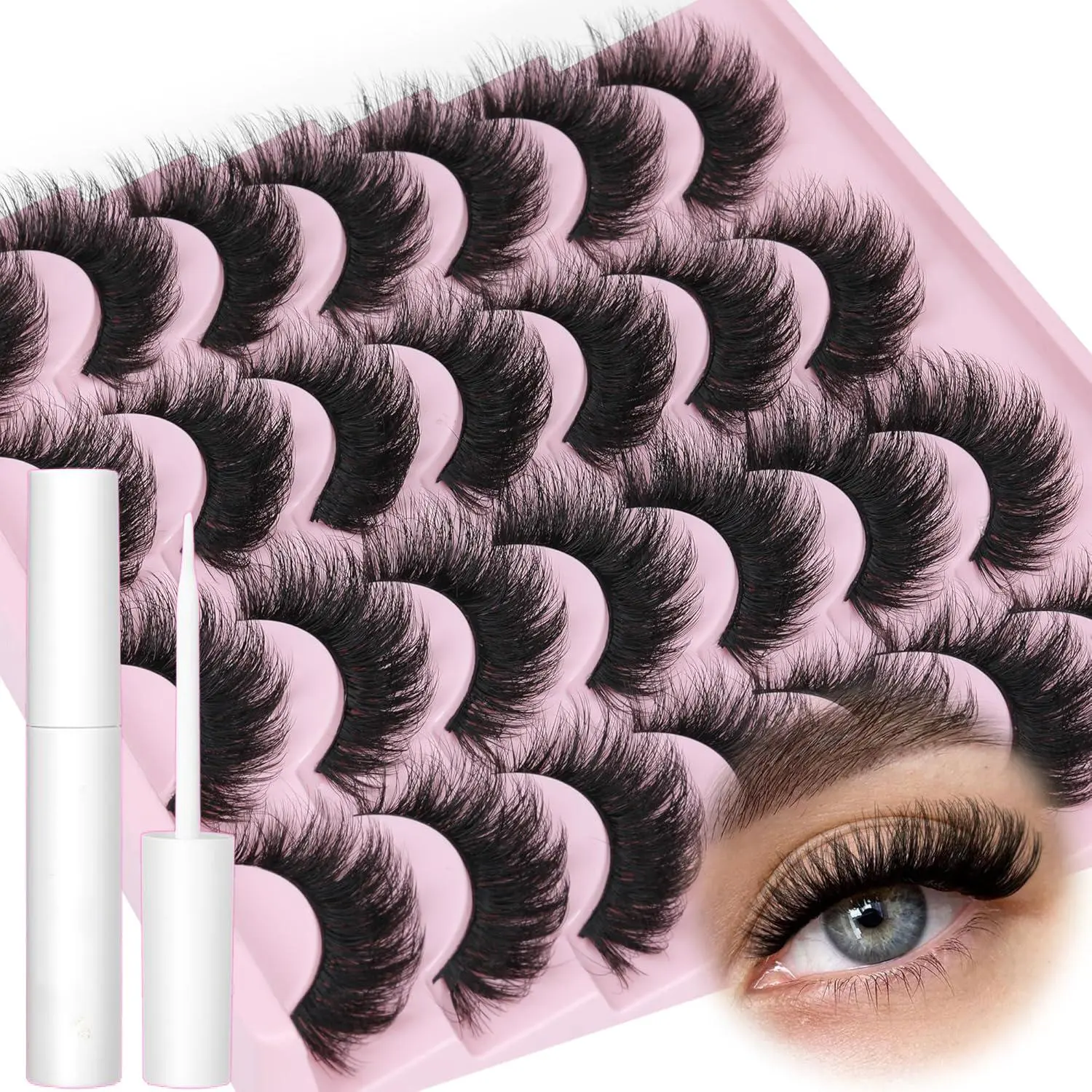 Fluffy False Eyelashes with Eyelash Glue, Soft Wispy Lashes, 14 Pairs Wispy Faux Cluster Lashes, Natural Curling Eye Makeup Strip Lashes, Volumized False Eyelashes for Eye Makeup Enhancement, Diy Lash Set, Cosmetic, Eyelash Set