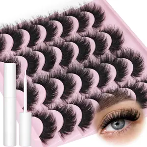 Fluffy False Eyelashes with Eyelash Glue, 14 Pairs Wispy Faux Cluster Lashes, Natural Curling Eye Makeup Strip Lashes, Volumized False Eyelashes for Eye Makeup Enhancement, Cosmetic, Eyelash Set