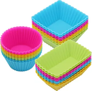 24Pack Silicone Muffin Cups, Reusable Cupcake Liners Molds for Baking, 3 Shapes Lunch Box Bento Dividers-Round, Square, and Rectangular