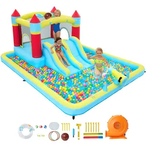 Garvee 7-in-1 Inflatable Bouncy Castle Backyard Outdoor Playset for Kids - Dual Water Slides, Climbing Wall, Ball Pit, Basketball Hoop, Ring Toss, Water Toy, Sprinkler - Durable Oxford Bouncer with Safety Mesh