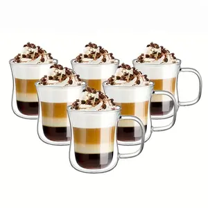 2-4 Piece Glass Coffee Cups, Coffee Glasses, Dual Layer Insulated Glass with Handle, Transparent Clear Glass for Latte, Mocha, Espresso, Tea, Valentine's Gift, Double Wall Drinkware