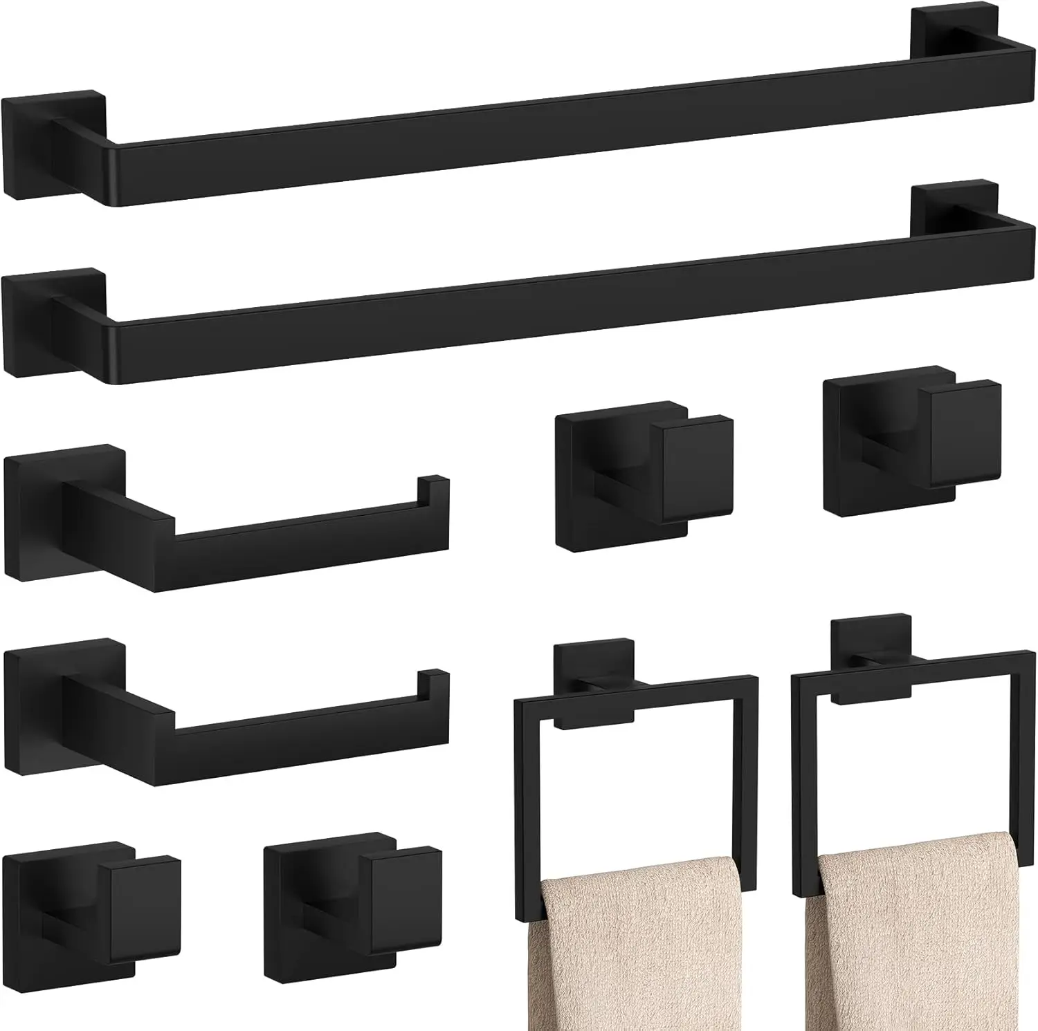 10-Piece Matte Black Bathroom Hardware Set, SUS304 Stainless Steel Wall Mount Bathroom Accessories Kit, 23.6 Inch Towel Bar, Towel Hooks & Toilet Paper Holder for Bathroom
