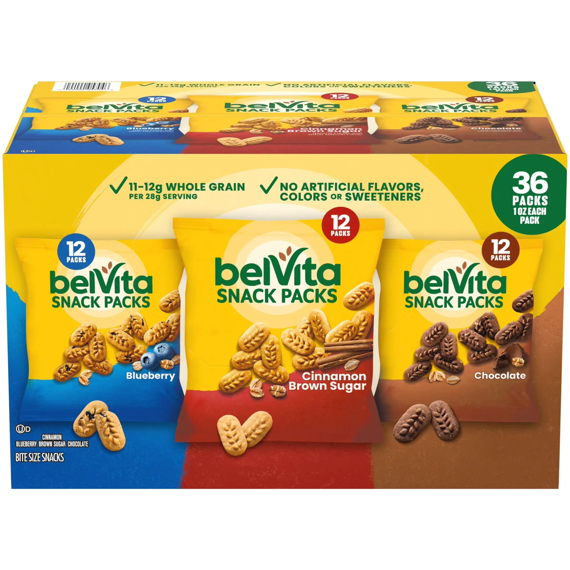 belVita Bites Breakfast Biscuits - Healthy Cookies, Whole Grain Low-Sugar Sweet Baked Snacks, 1 oz Individually Wrapped Cookies, Assorted Fruit & Chocolate Assorted Snacks, Canola Oil-Infused, 36-Pack, Snack Packs