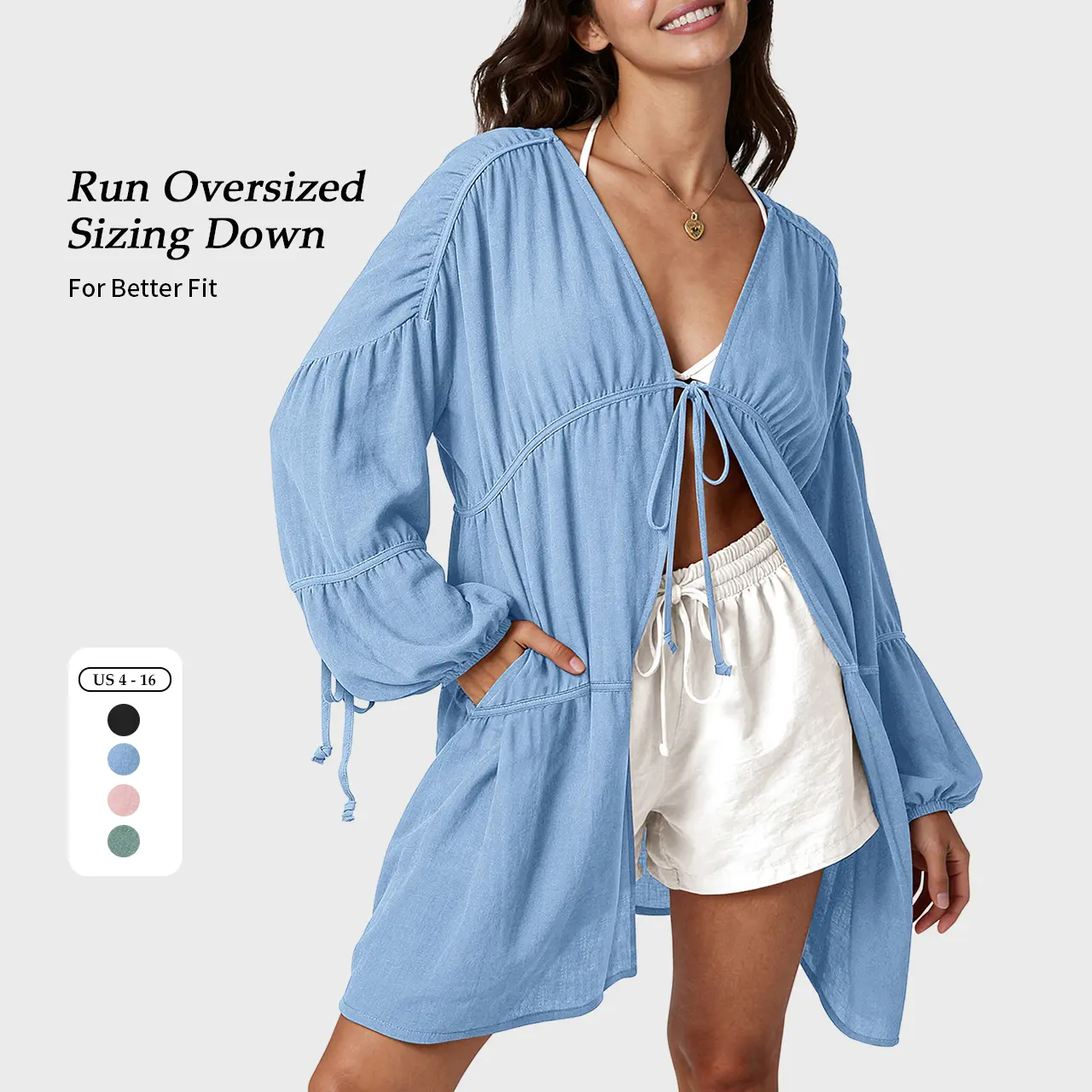 【SS26 Collection】TARSE Womens Oversized Swimsuit Cover Up Linen Blend Tie Front Kimono Long Cardigan Pleated Ruffle Flowy Coverup Beachwear with Pockets Vacation Outfits