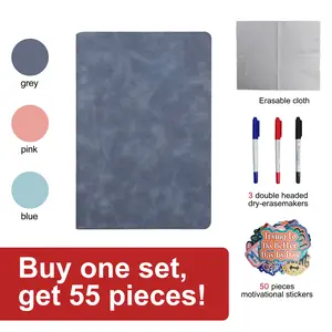 A5 Reusable Whiteboard Notebook Set with 3 Dual-Tip Erasable Pens, 1 Wipe Cloth, 50 Rich Stickers, and Durable Faux Leather Cover