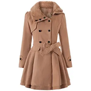 Women’s classic long wool windbreaker with belt for autumn and winter; casual office wear; business jacket; double-breasted lapel winter jacket with a fan-shaped hem; long windbreaker parka coat; fashionable retro style GARMENTARY