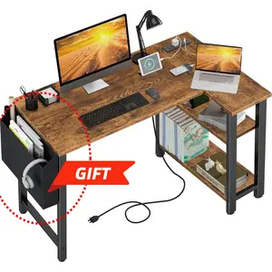 Lufeiya Small L Shaped Desk with Power Outlet Shelves, 40 Inch Reversible Corner Desk for Small Space Home Office, L-Shaped Computer Desk PC Desks with Charging Station, Rustic Brown